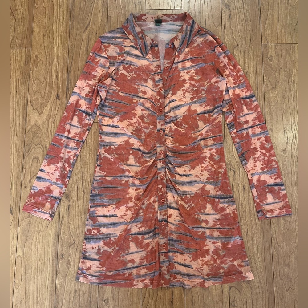 Wild Fable Small Orange Tie-Dye Women's Long Sleeve Button-Front Mesh Dress